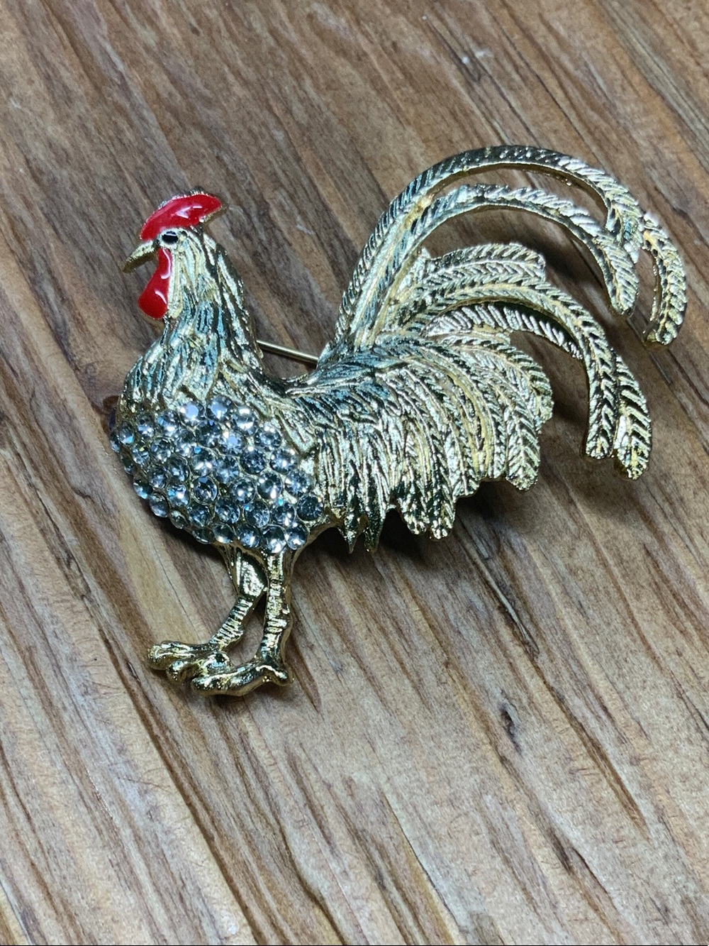 Rooster Gold-tone Clear Crystals and Red Accents Brooch